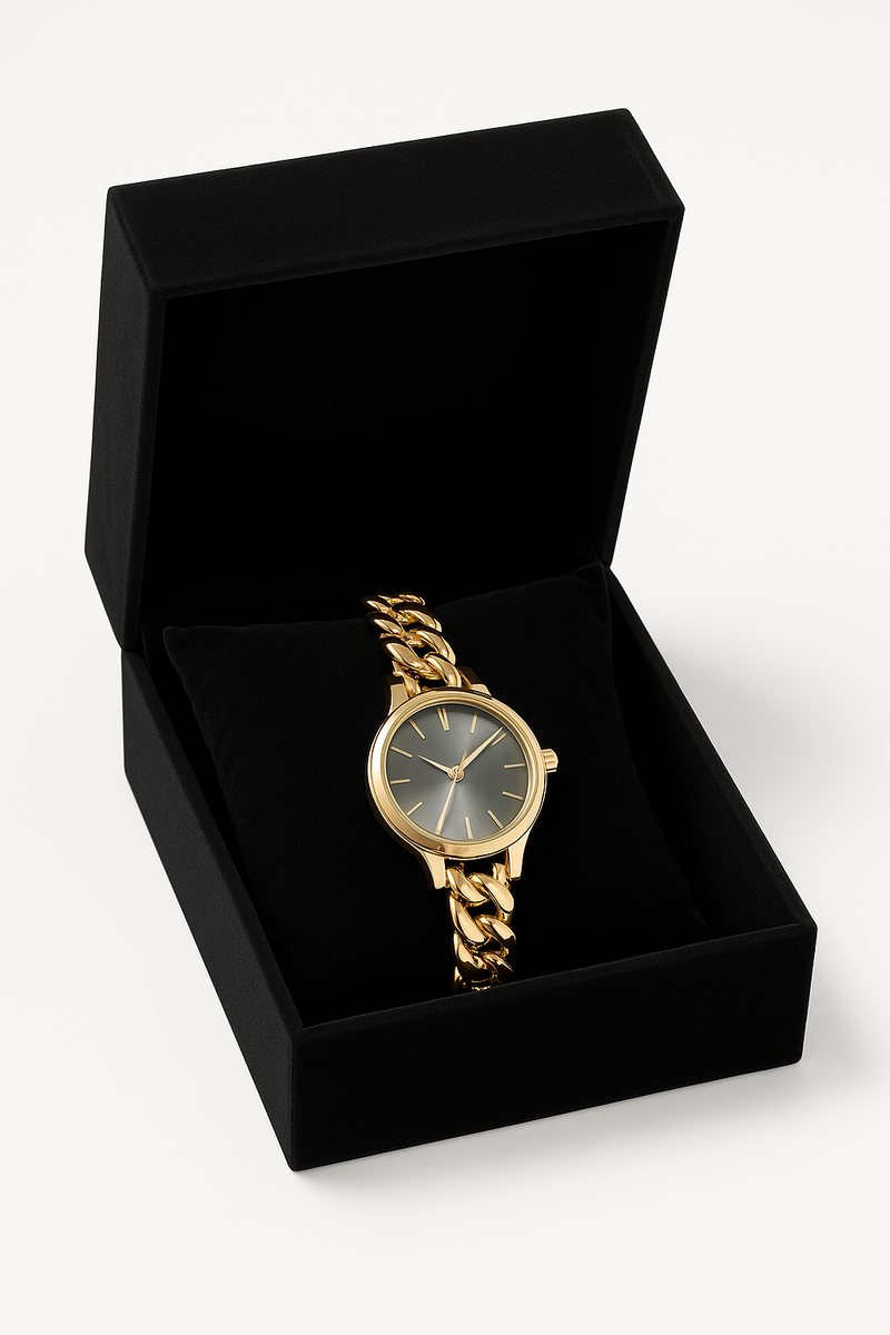 Montre Femme Élégante - Bracelet Chaîne Dorée & Boîtier Noir﻿